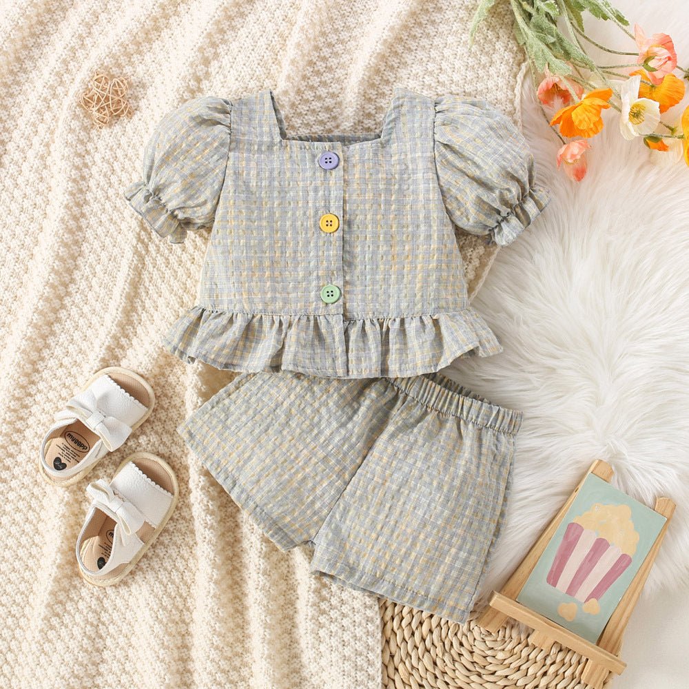 PLAID BUTTON-UP TOP & SHORTS SET