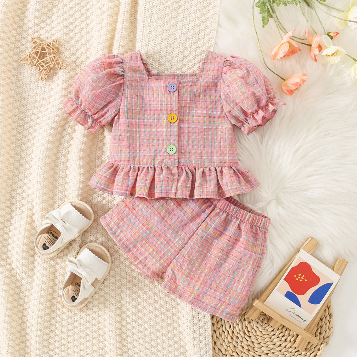 PLAID BUTTON-UP TOP & SHORTS SET