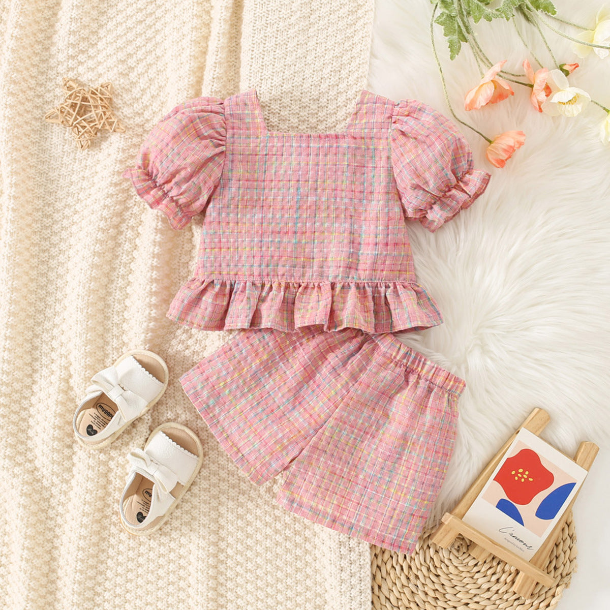 PLAID BUTTON-UP TOP & SHORTS SET